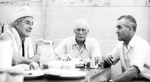 Tommy Wisdom, Capt Eyston and Syd Enever 'take tea' on the Salt Flats in a Rare Moment of Relaxation