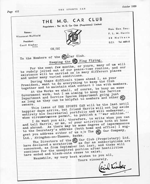 The magazine included a statement from Cecil Kimber written on MG Car Club headed notepaper